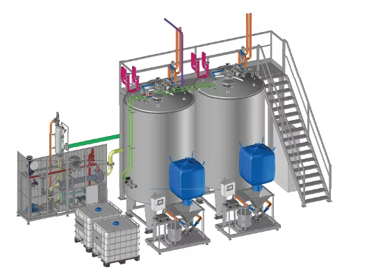 TMV75 – Dissolutore per Glutine di Mais & Idrossido di Potassio integrato in un impianto di miscelazione completo con due serbatoi da 10.000 litri ciascuno